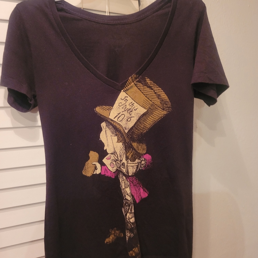 Ladies SM Alice in Wonderland V neck black shirt